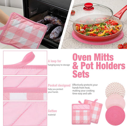 Pink Oven Mitts and Pot Holders 7 Sets, Pink White, Cotton, Plaid