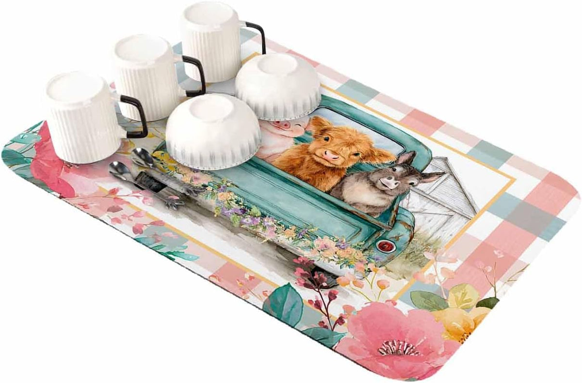 Cow Donkey Pig Dish Drying Mat for Kitchen Counter, Absorbent Quick Dry Coffee Bar Mat Pad Thin Diatomaceous Sink Mats, Truck Flowers Farm Animals Striped Plaid Non Slip Dish Drainer Mats 12''x16''