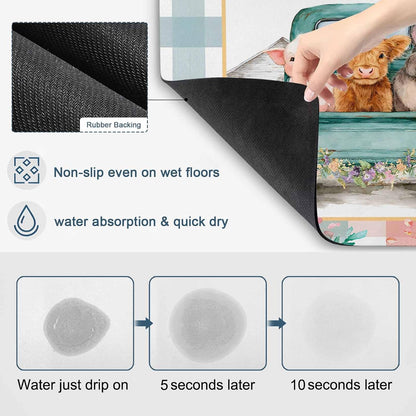 Cow Donkey Pig Dish Drying Mat for Kitchen Counter, Absorbent Quick Dry Coffee Bar Mat Pad Thin Diatomaceous Sink Mats, Truck Flowers Farm Animals Striped Plaid Non Slip Dish Drainer Mats 12''x16''