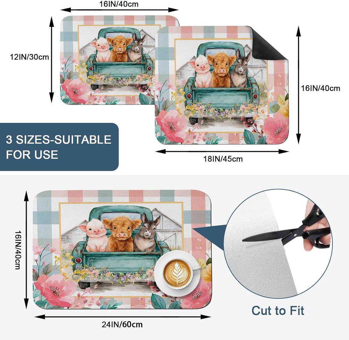 Cow Donkey Pig Dish Drying Mat for Kitchen Counter, Absorbent Quick Dry Coffee Bar Mat Pad Thin Diatomaceous Sink Mats, Truck Flowers Farm Animals Striped Plaid Non Slip Dish Drainer Mats 12''x16''