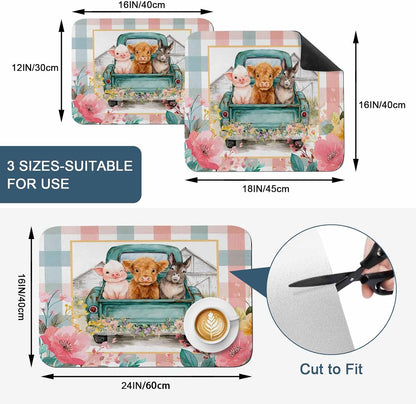 Cow Donkey Pig Dish Drying Mat for Kitchen Counter, Absorbent Quick Dry Coffee Bar Mat Pad Thin Diatomaceous Sink Mats, Truck Flowers Farm Animals Striped Plaid Non Slip Dish Drainer Mats 12''x16''