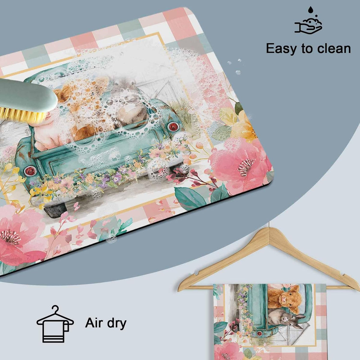 Cow Donkey Pig Dish Drying Mat for Kitchen Counter, Absorbent Quick Dry Coffee Bar Mat Pad Thin Diatomaceous Sink Mats, Truck Flowers Farm Animals Striped Plaid Non Slip Dish Drainer Mats 12''x16''