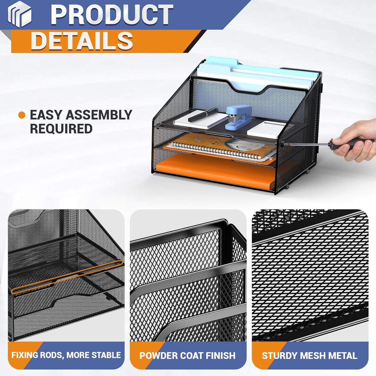 Letter Tray Organizer, Mesh Desk File Organizer with 3 Paper Trays and 2 Vertical Upright Section (Pink)