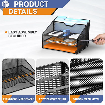 Letter Tray Organizer, Mesh Desk File Organizer with 3 Paper Trays and 2 Vertical Upright Section (Pink)
