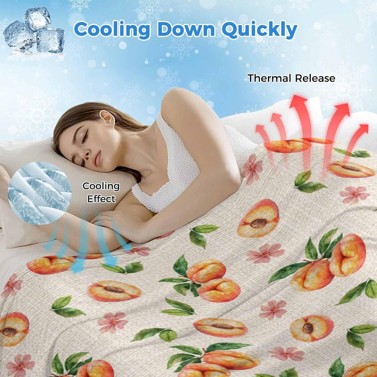 Peaches Cooling Blankets for Hot Sleepers Summer Fruit Flowers Retro Cool Throw Blanket, Lightweight Ice Blanket 30" x 40" Summer Cold Blankets for Night Sweats