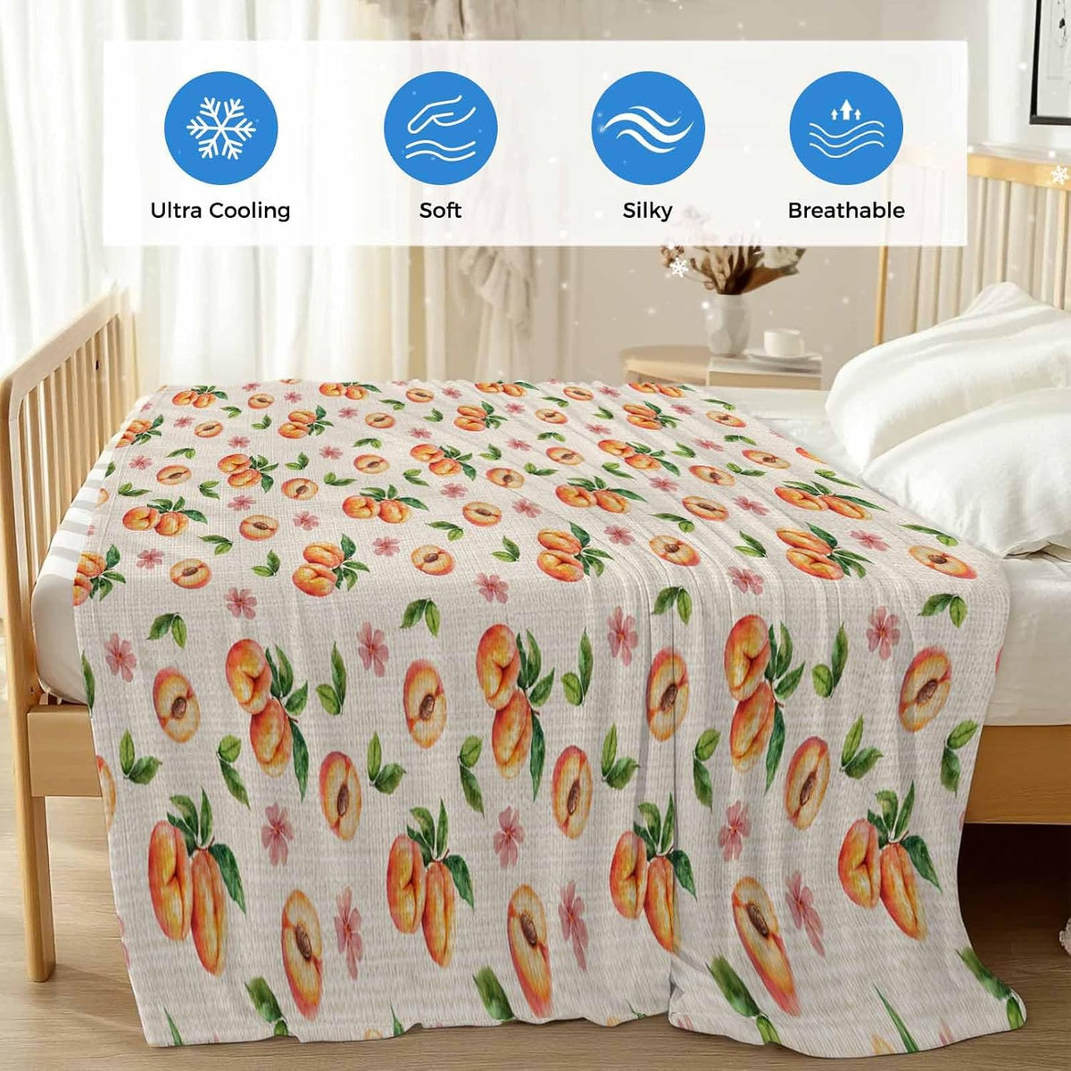Peaches Cooling Blankets for Hot Sleepers Summer Fruit Flowers Retro Cool Throw Blanket, Lightweight Ice Blanket 30" x 40" Summer Cold Blankets for Night Sweats