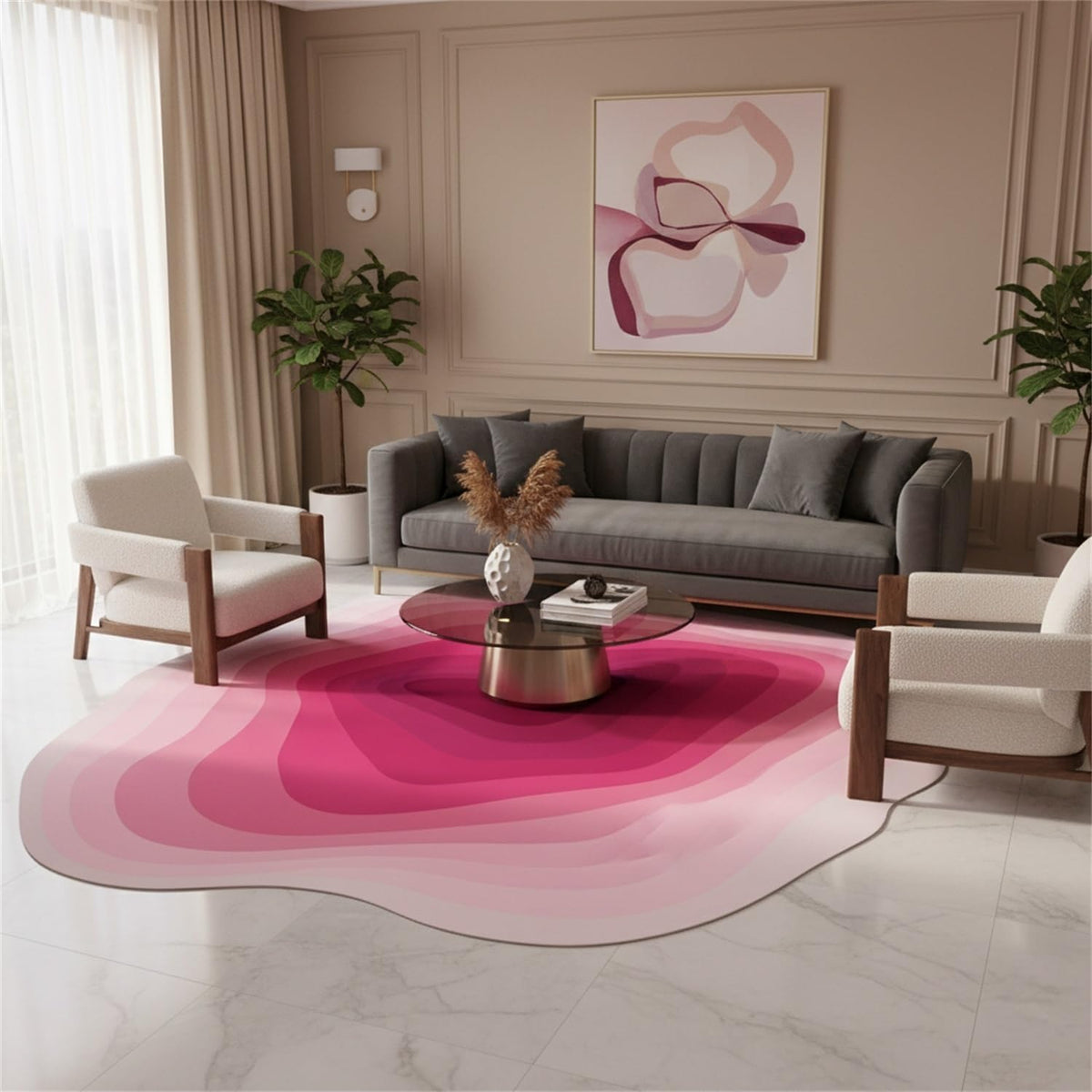 Modern Abstract Art Deco Irregular Shaped Area Rug Pink Ombre Tonal Geometric Texture Indoor Large Rugs for Living Room Bedroom Dining Room Soft Washable Non Skid Rug Nursery Dorm Boho Carpet 4x6