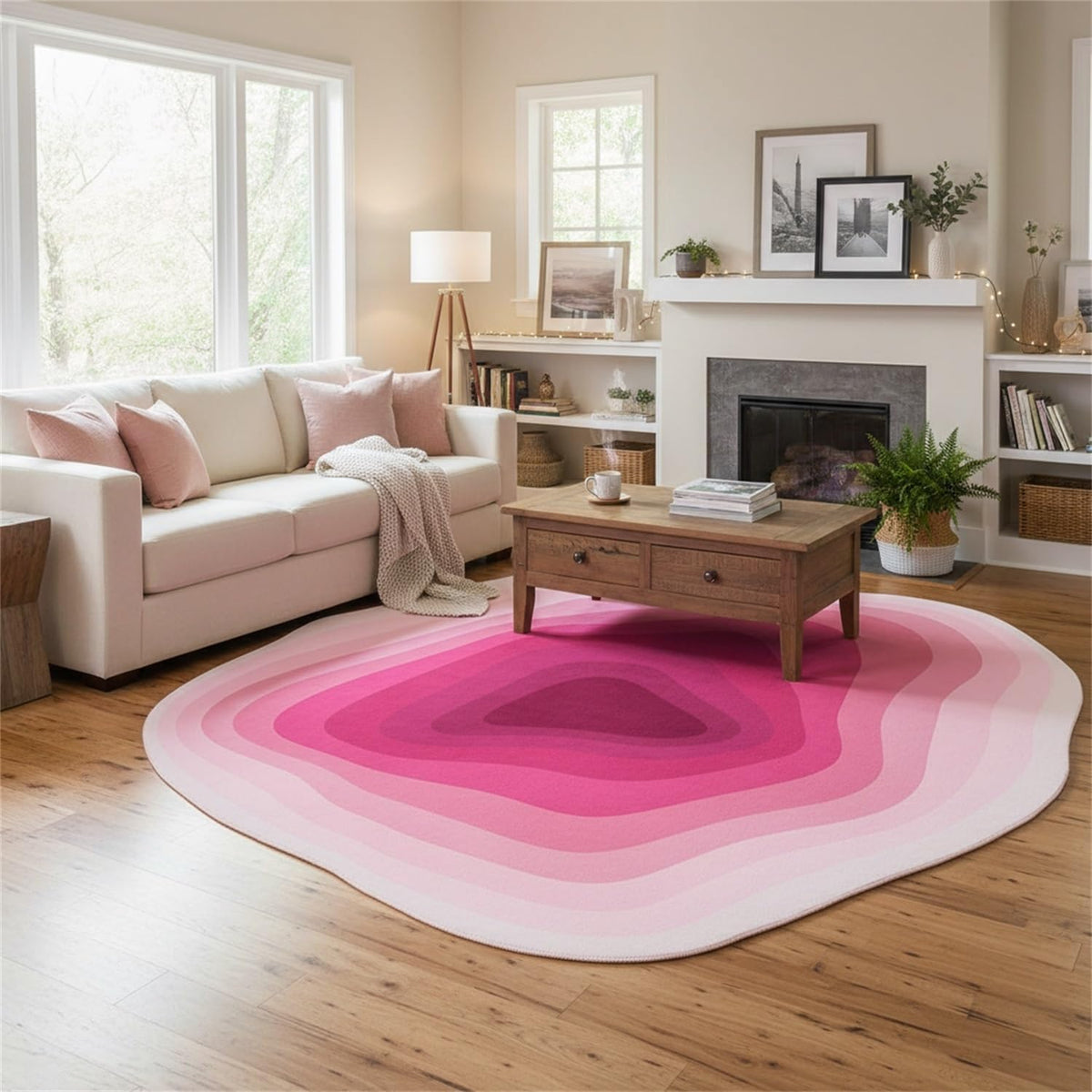 Modern Abstract Art Deco Irregular Shaped Area Rug Pink Ombre Tonal Geometric Texture Indoor Large Rugs for Living Room Bedroom Dining Room Soft Washable Non Skid Rug Nursery Dorm Boho Carpet 4x6