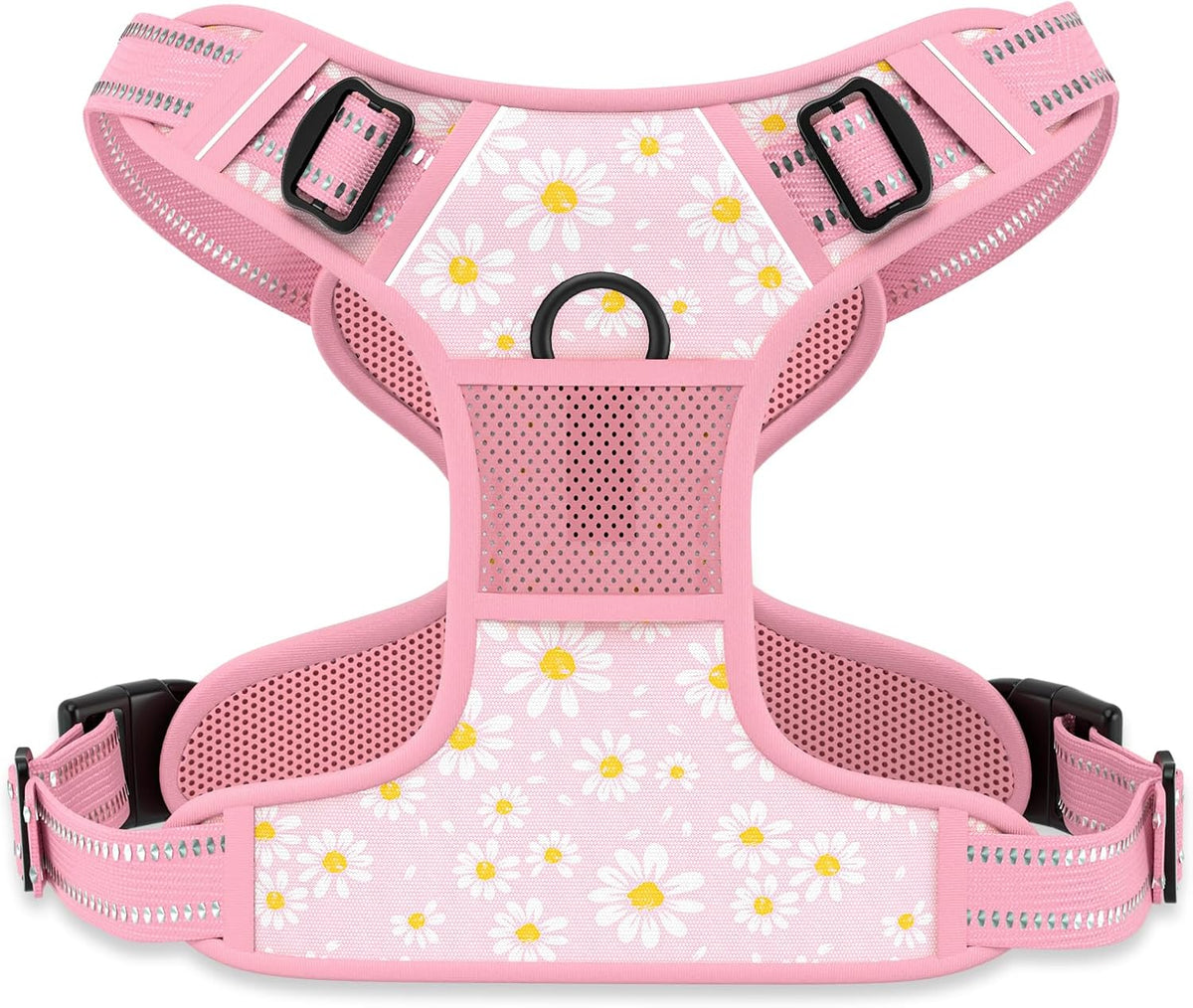 No Pull Dog Harness, Cute Flower Reflective Medium Sized Puppy Harness, Adjustable Soft Padded Vest for Medium Dogs, Heavy Duty Pet Vest with Easy Control Handle for Walking, Pink Floral