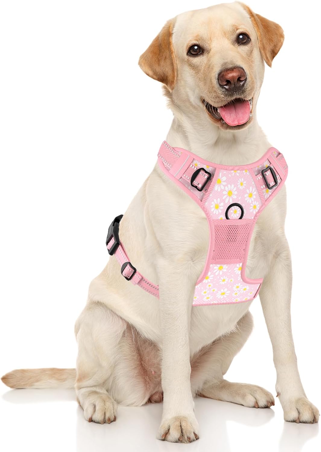 No Pull Dog Harness, Cute Flower Reflective Medium Sized Puppy Harness, Adjustable Soft Padded Vest for Medium Dogs, Heavy Duty Pet Vest with Easy Control Handle for Walking, Pink Floral