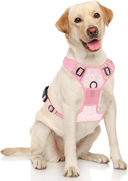 No Pull Dog Harness, Cute Flower Reflective Medium Sized Puppy Harness, Adjustable Soft Padded Vest for Medium Dogs, Heavy Duty Pet Vest with Easy Control Handle for Walking, Pink Floral