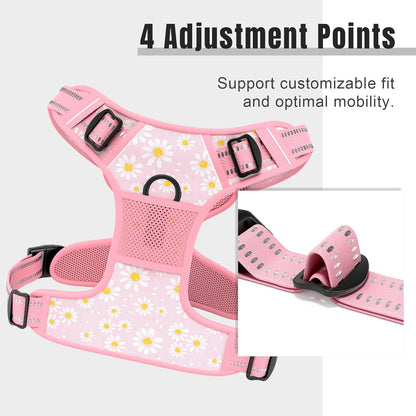 No Pull Dog Harness, Cute Flower Reflective Medium Sized Puppy Harness, Adjustable Soft Padded Vest for Medium Dogs, Heavy Duty Pet Vest with Easy Control Handle for Walking, Pink Floral