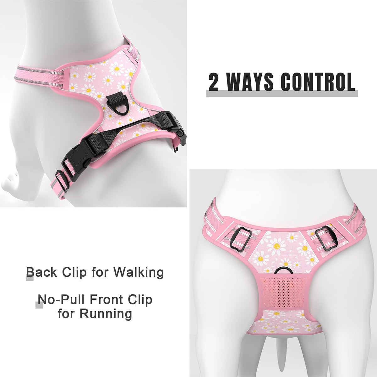 No Pull Dog Harness, Cute Flower Reflective Medium Sized Puppy Harness, Adjustable Soft Padded Vest for Medium Dogs, Heavy Duty Pet Vest with Easy Control Handle for Walking, Pink Floral