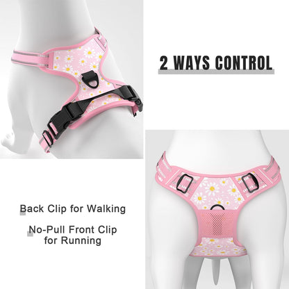No Pull Dog Harness, Cute Flower Reflective Medium Sized Puppy Harness, Adjustable Soft Padded Vest for Medium Dogs, Heavy Duty Pet Vest with Easy Control Handle for Walking, Pink Floral