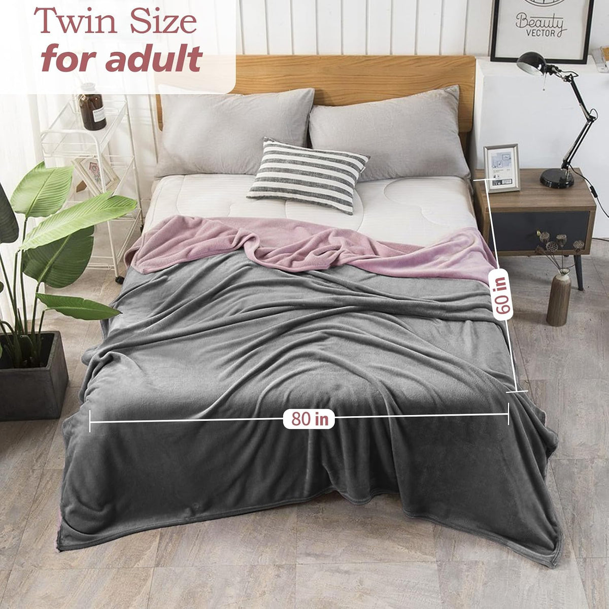 Waterproof Reversible Blanket for Bed Twin Size 60'' x 80'', Soft Flannel Bed Cover for Adult, Stain-Proof Mattress Protectors Twin Queen Size (Grey & Pink)