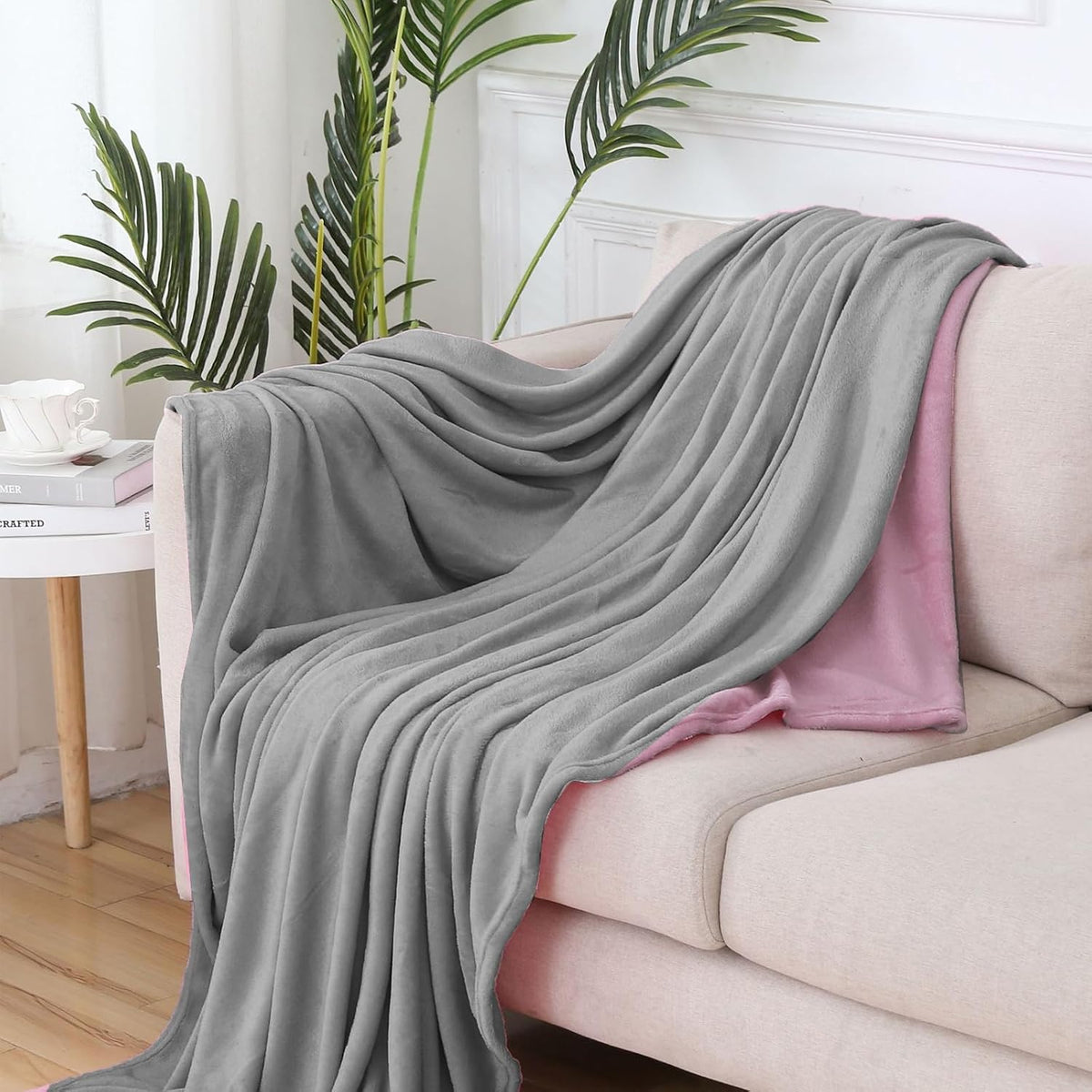 Waterproof Reversible Blanket for Bed Twin Size 60'' x 80'', Soft Flannel Bed Cover for Adult, Stain-Proof Mattress Protectors Twin Queen Size (Grey & Pink)