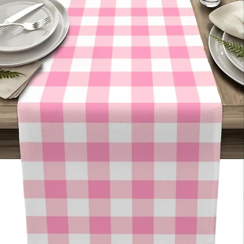 Pink Buffalo Plaid Table Runner, Seasonal Valentine's Day Washable Kitchen Dining Table Decoration for Easter Spring Home Party Wedding Decor 13x72 Inch(Light Pink)