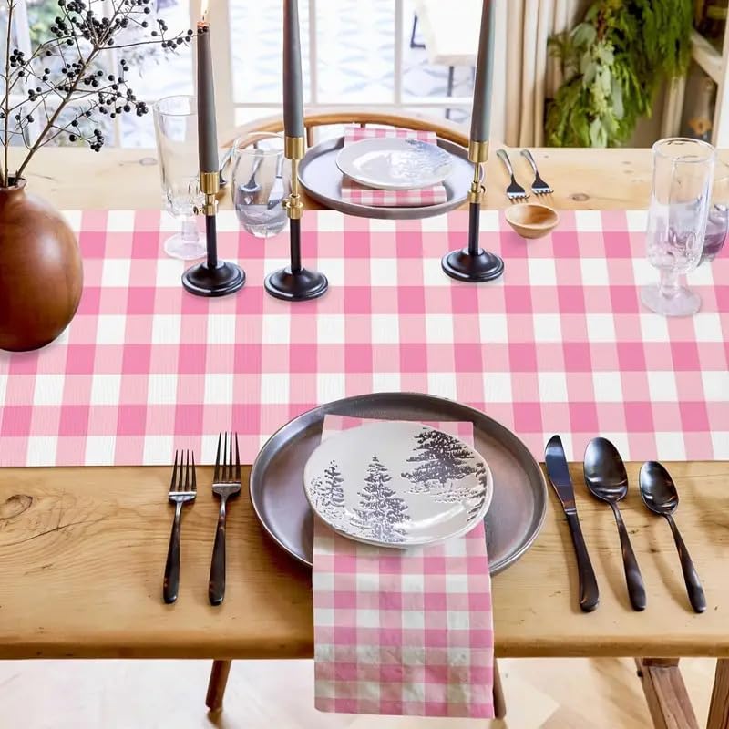 Pink Buffalo Plaid Table Runner, Seasonal Valentine's Day Washable Kitchen Dining Table Decoration for Easter Spring Home Party Wedding Decor 13x72 Inch(Light Pink)