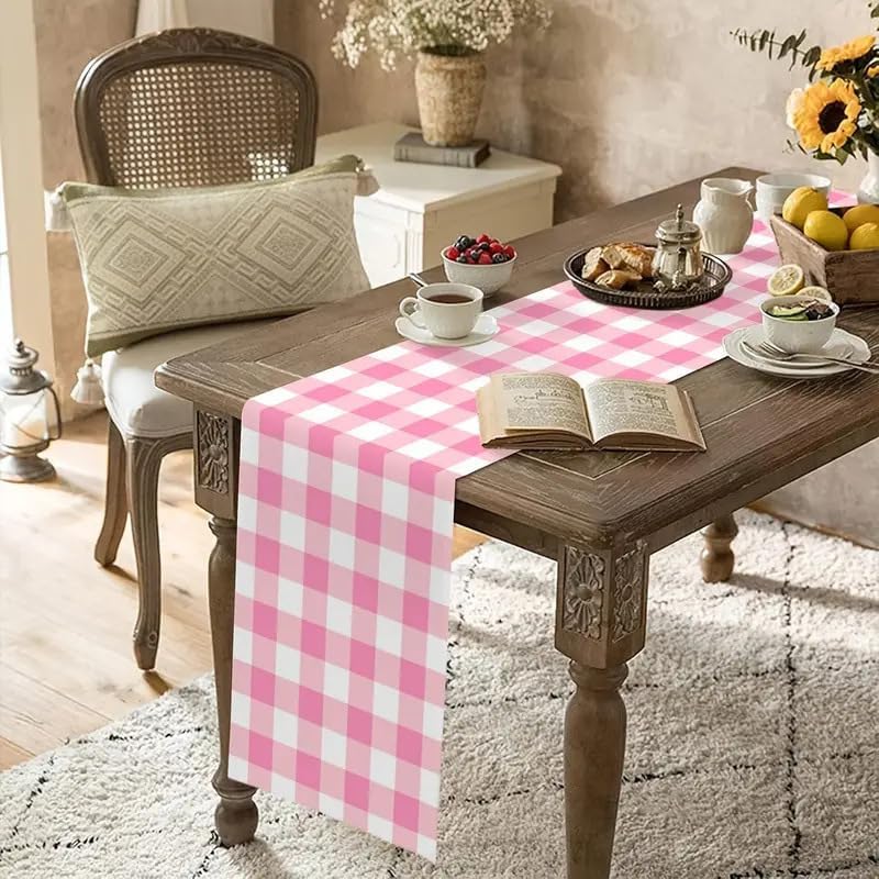 Pink Buffalo Plaid Table Runner, Seasonal Valentine's Day Washable Kitchen Dining Table Decoration for Easter Spring Home Party Wedding Decor 13x72 Inch(Light Pink)