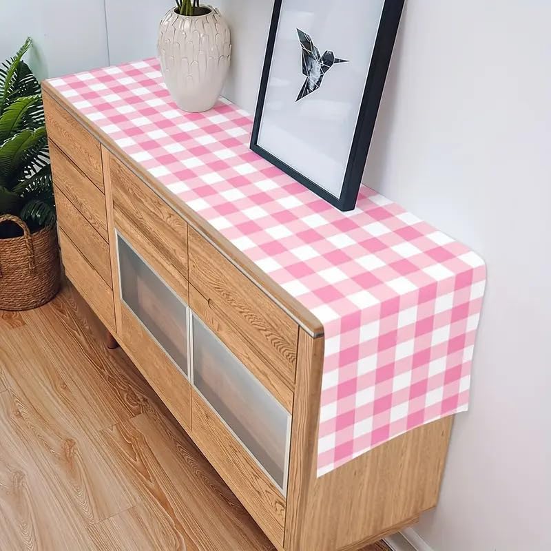 Pink Buffalo Plaid Table Runner, Seasonal Valentine's Day Washable Kitchen Dining Table Decoration for Easter Spring Home Party Wedding Decor 13x72 Inch(Light Pink)
