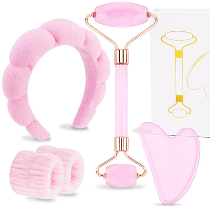 Spa Headband and Wristbands for Women Skincare Headband for Washing Face Gua Sha & Jade Roller Facial Tools Pink Makeup Fash Wash Hairband Teen Girl Gifts Trendy Stuff