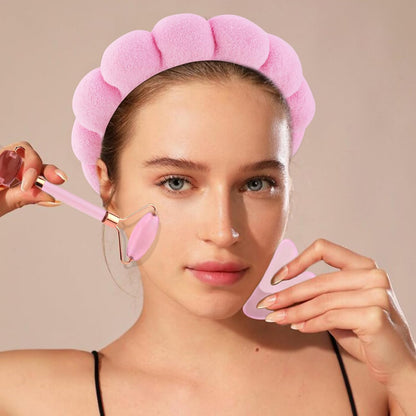 Spa Headband and Wristbands for Women Skincare Headband for Washing Face Gua Sha & Jade Roller Facial Tools Pink Makeup Fash Wash Hairband Teen Girl Gifts Trendy Stuff