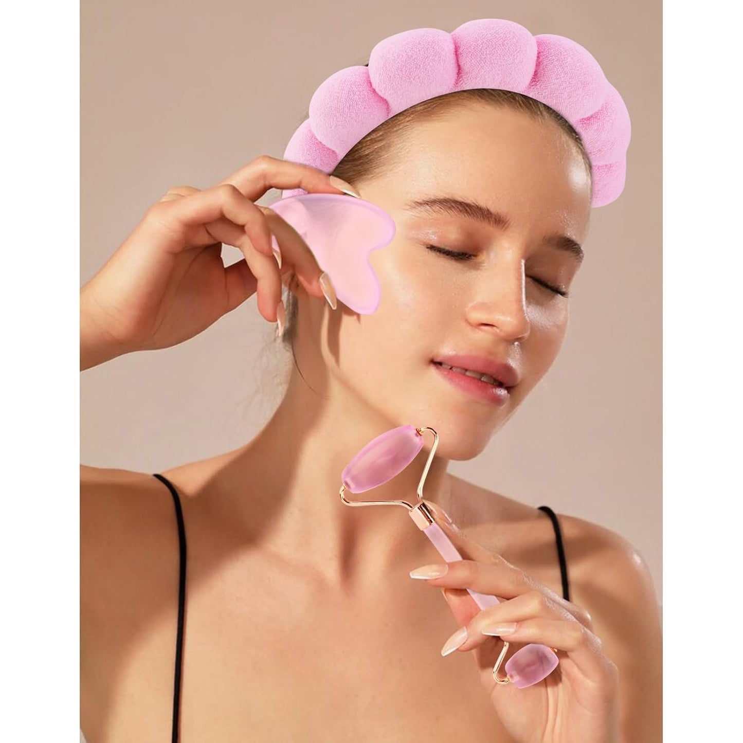 Spa Headband and Wristbands for Women Skincare Headband for Washing Face Gua Sha & Jade Roller Facial Tools Pink Makeup Fash Wash Hairband Teen Girl Gifts Trendy Stuff