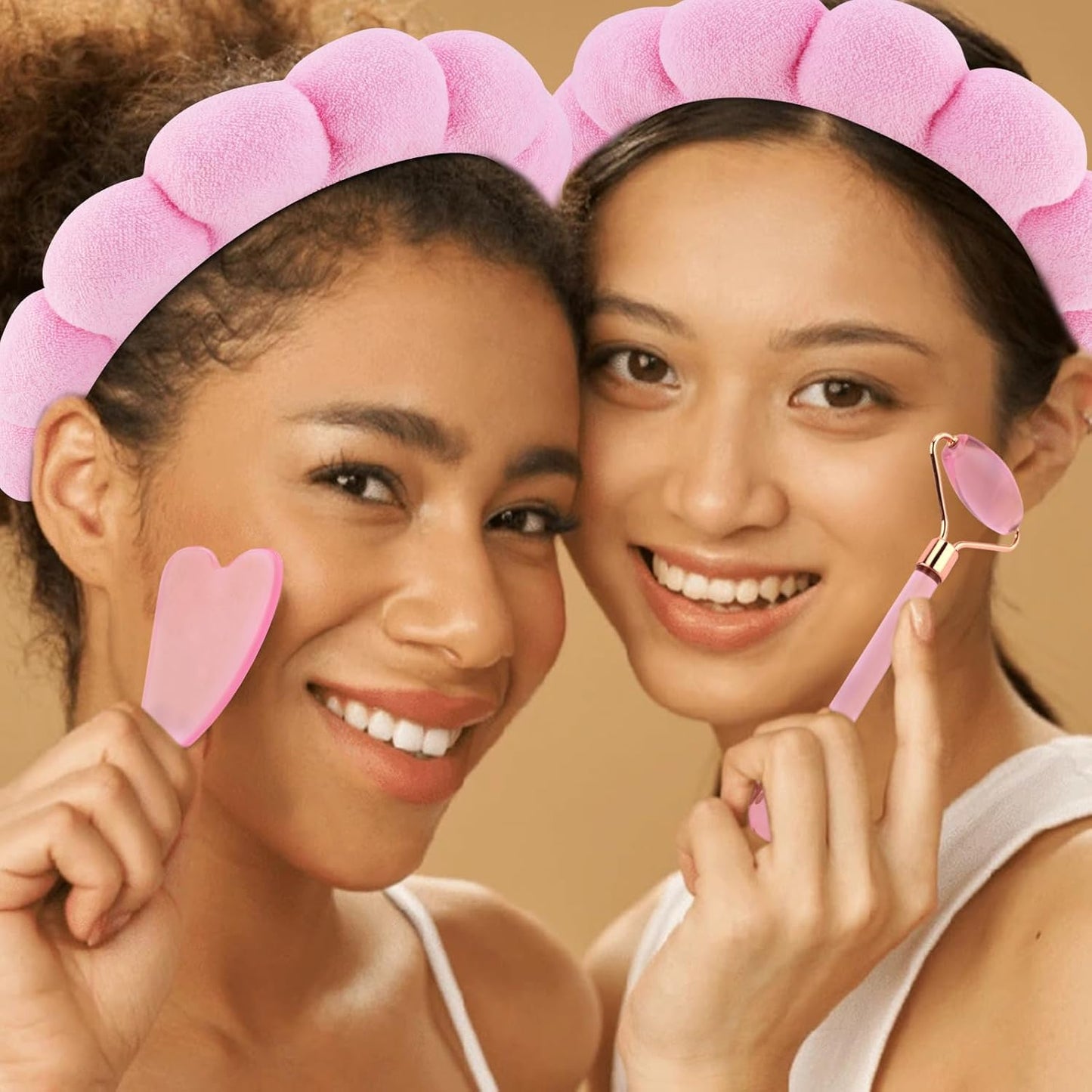 Spa Headband and Wristbands for Women Skincare Headband for Washing Face Gua Sha & Jade Roller Facial Tools Pink Makeup Fash Wash Hairband Teen Girl Gifts Trendy Stuff