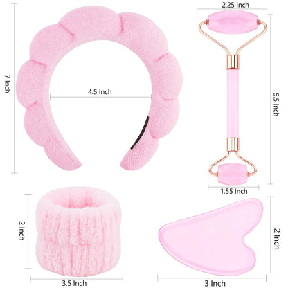 Spa Headband and Wristbands for Women Skincare Headband for Washing Face Gua Sha & Jade Roller Facial Tools Pink Makeup Fash Wash Hairband Teen Girl Gifts Trendy Stuff
