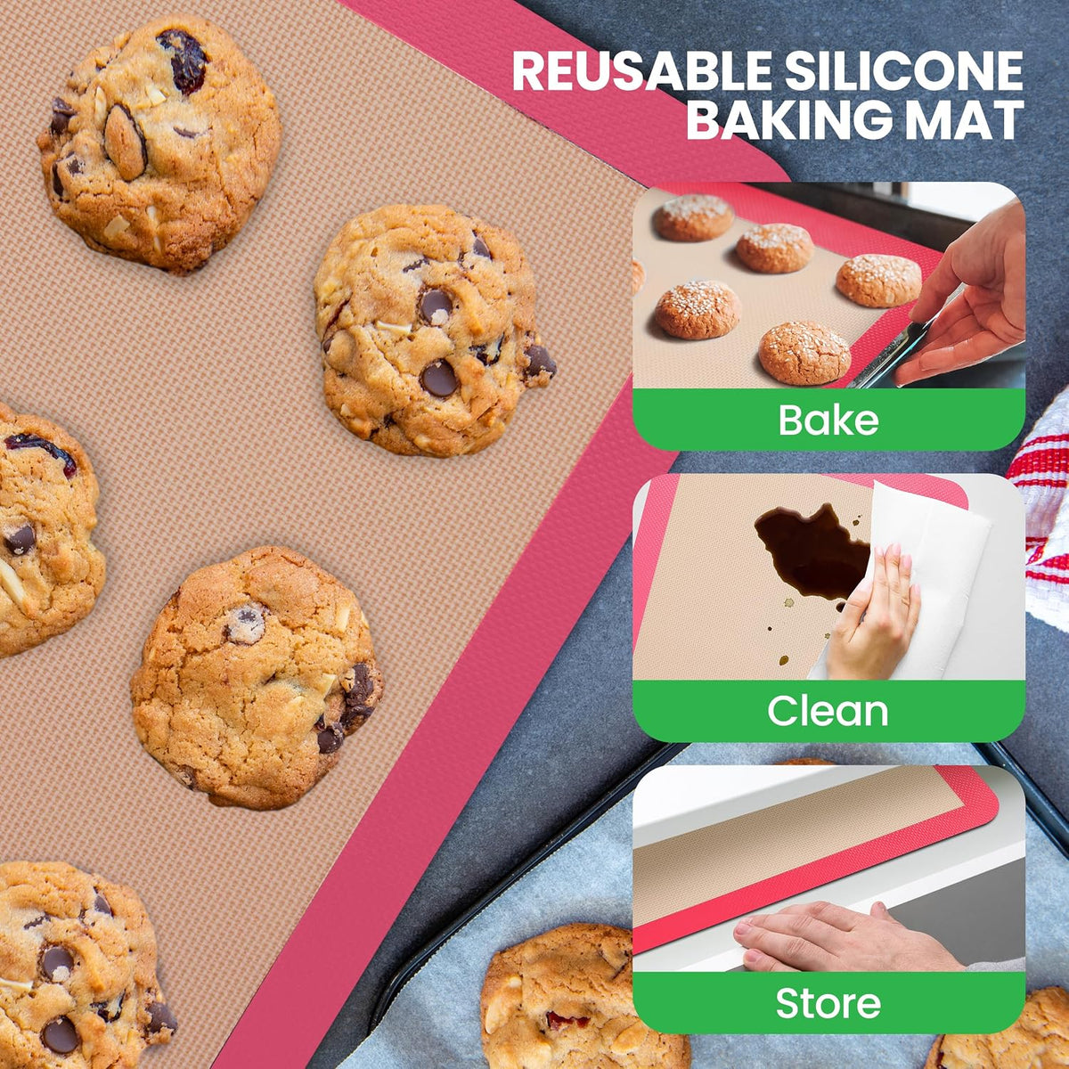 Silicone Baking Mats | 2 Non-stick Food-Grade Reusable Silicone Mats | Perfect for Half Baking Pans 16.5 x 11.6 IN | Oven-Safe Up to 480 Degrees F | Safe for Ovens, Freezers, & Dishwashers (Pink)
