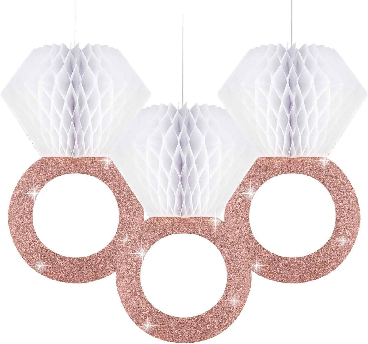3 Pieces Honeycomb Diamond Ring Hanging Decorations for Wedding Party Bridal Shower Engagement - Glitter Gold Paper Balls Supplies for Engaged Decor (Rose Gold)