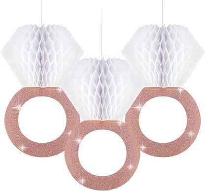 3 Pieces Honeycomb Diamond Ring Hanging Decorations for Wedding Party Bridal Shower Engagement - Glitter Gold Paper Balls Supplies for Engaged Decor (Rose Gold)