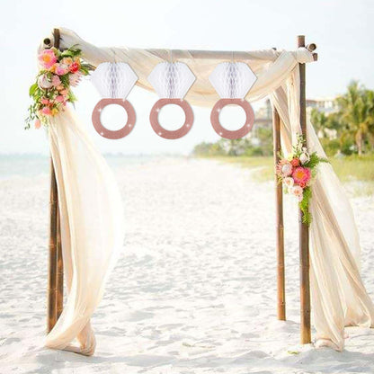 3 Pieces Honeycomb Diamond Ring Hanging Decorations for Wedding Party Bridal Shower Engagement - Glitter Gold Paper Balls Supplies for Engaged Decor (Rose Gold)
