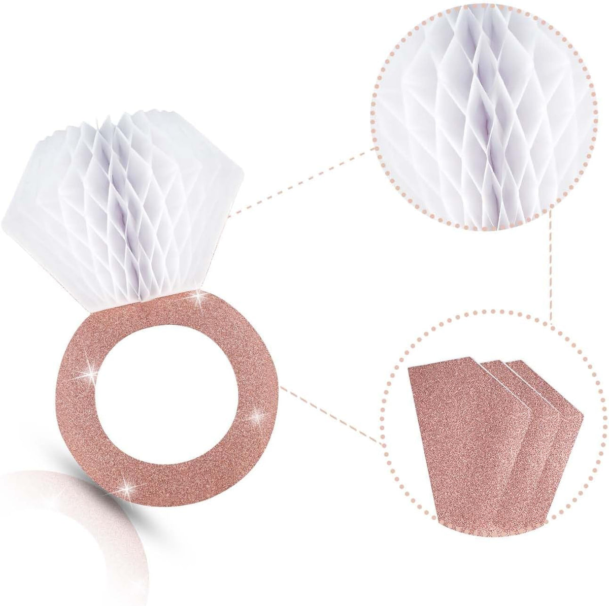 3 Pieces Honeycomb Diamond Ring Hanging Decorations for Wedding Party Bridal Shower Engagement - Glitter Gold Paper Balls Supplies for Engaged Decor (Rose Gold)