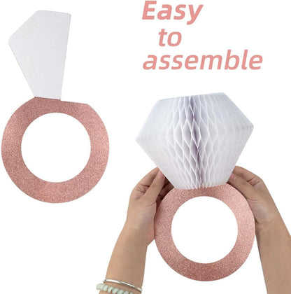 3 Pieces Honeycomb Diamond Ring Hanging Decorations for Wedding Party Bridal Shower Engagement - Glitter Gold Paper Balls Supplies for Engaged Decor (Rose Gold)