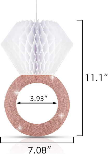 3 Pieces Honeycomb Diamond Ring Hanging Decorations for Wedding Party Bridal Shower Engagement - Glitter Gold Paper Balls Supplies for Engaged Decor (Rose Gold)