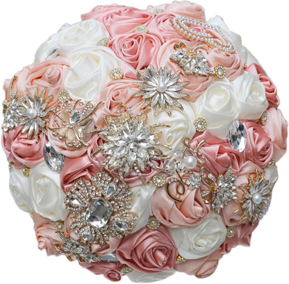 Blush Pink and Ivory Bridal Wedding Bouquet with Gold Brooch Bling Rhinestone Bouquet for Bride Bridesmaid Quinceanera Satin Dusty Rose Flower Bouquet Wedding Blush Pink and Ivory 8.7in