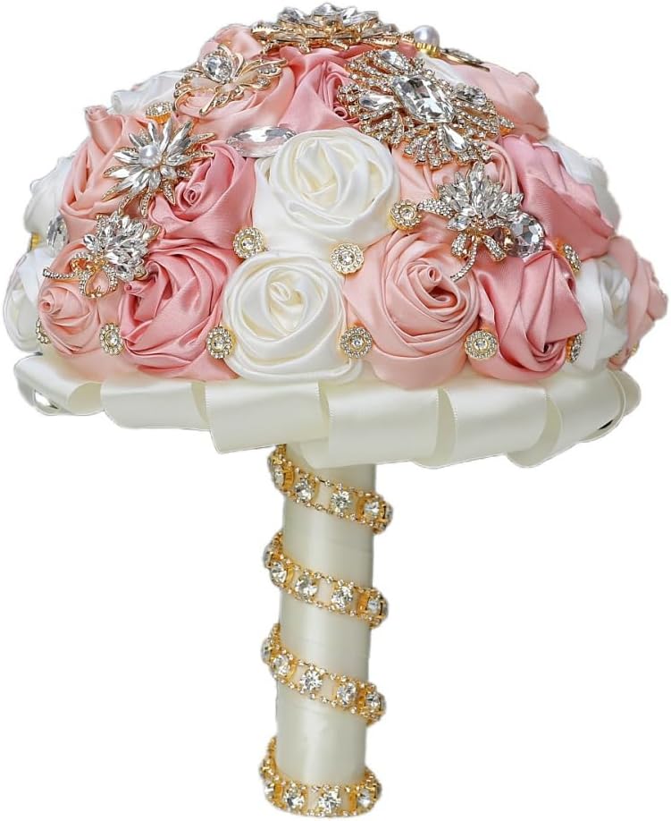 Blush Pink and Ivory Bridal Wedding Bouquet with Gold Brooch Bling Rhinestone Bouquet for Bride Bridesmaid Quinceanera Satin Dusty Rose Flower Bouquet Wedding Blush Pink and Ivory 8.7in