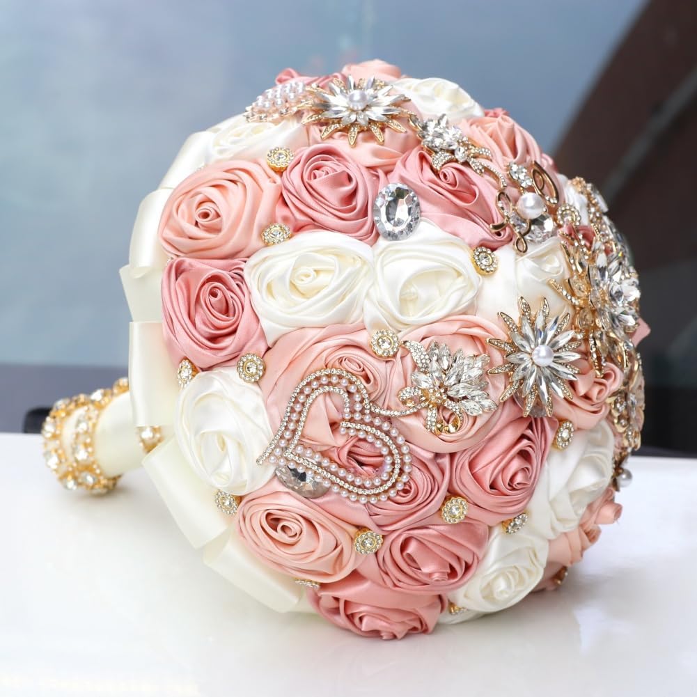 Blush Pink and Ivory Bridal Wedding Bouquet with Gold Brooch Bling Rhinestone Bouquet for Bride Bridesmaid Quinceanera Satin Dusty Rose Flower Bouquet Wedding Blush Pink and Ivory 8.7in