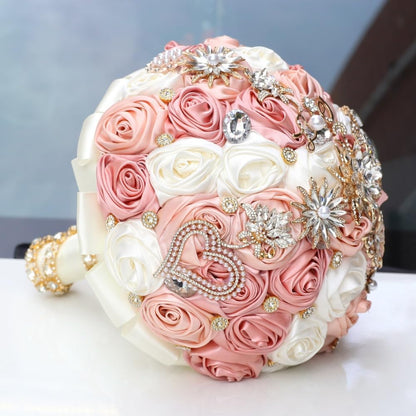 Blush Pink and Ivory Bridal Wedding Bouquet with Gold Brooch Bling Rhinestone Bouquet for Bride Bridesmaid Quinceanera Satin Dusty Rose Flower Bouquet Wedding Blush Pink and Ivory 8.7in