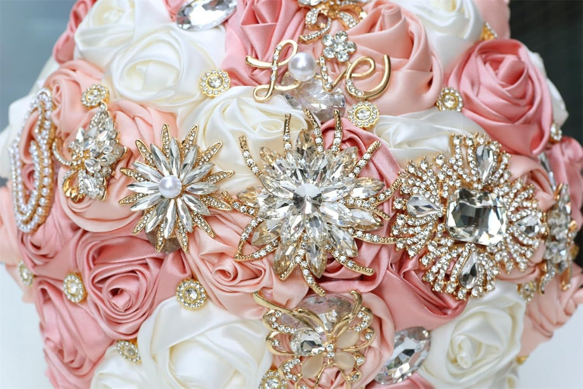 Blush Pink and Ivory Bridal Wedding Bouquet with Gold Brooch Bling Rhinestone Bouquet for Bride Bridesmaid Quinceanera Satin Dusty Rose Flower Bouquet Wedding Blush Pink and Ivory 8.7in