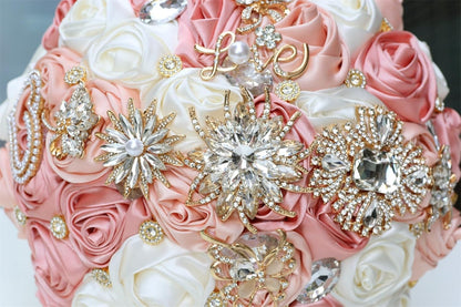 Blush Pink and Ivory Bridal Wedding Bouquet with Gold Brooch Bling Rhinestone Bouquet for Bride Bridesmaid Quinceanera Satin Dusty Rose Flower Bouquet Wedding Blush Pink and Ivory 8.7in