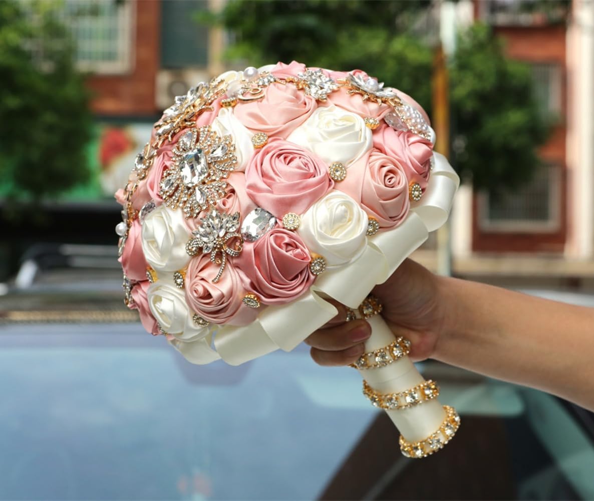 Blush Pink and Ivory Bridal Wedding Bouquet with Gold Brooch Bling Rhinestone Bouquet for Bride Bridesmaid Quinceanera Satin Dusty Rose Flower Bouquet Wedding Blush Pink and Ivory 8.7in