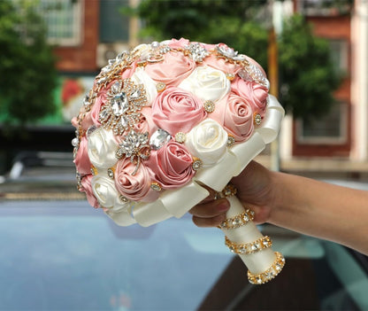 Blush Pink and Ivory Bridal Wedding Bouquet with Gold Brooch Bling Rhinestone Bouquet for Bride Bridesmaid Quinceanera Satin Dusty Rose Flower Bouquet Wedding Blush Pink and Ivory 8.7in