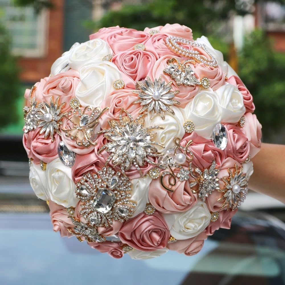 Blush Pink and Ivory Bridal Wedding Bouquet with Gold Brooch Bling Rhinestone Bouquet for Bride Bridesmaid Quinceanera Satin Dusty Rose Flower Bouquet Wedding Blush Pink and Ivory 8.7in
