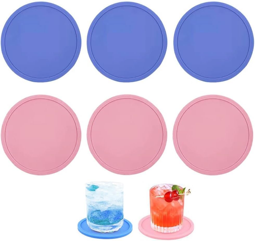 6 Pieces Silicone Coasters, Round Cup Coaster for Drinks Beer, Coffee Coasters for Table, Desk, Kitchen, Office, Bar Furniture Protection and Decor, Couple Cup Pads for Party Pink and Blue