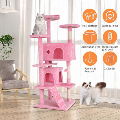 Cat Tree for Indoor Cats, Multi-Level Cat Tower with Scratching Posts & Cozy Condo, Space Saving Cat Activity Center, Durable Pet Play House (54in,Pink)