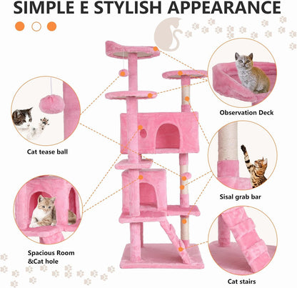 Cat Tree for Indoor Cats, Multi-Level Cat Tower with Scratching Posts & Cozy Condo, Space Saving Cat Activity Center, Durable Pet Play House (54in,Pink)