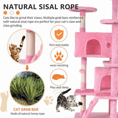 Cat Tree for Indoor Cats, Multi-Level Cat Tower with Scratching Posts & Cozy Condo, Space Saving Cat Activity Center, Durable Pet Play House (54in,Pink)