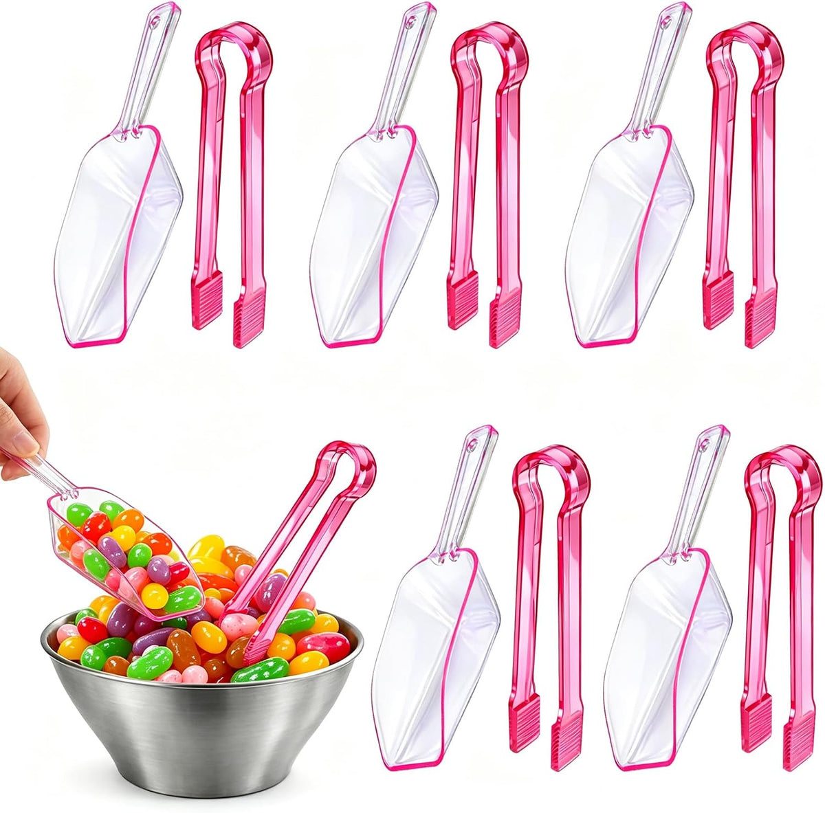 12 Pcs Plastic Ice Tongs and Scoops, Candy Scoops for Buffet, Pink